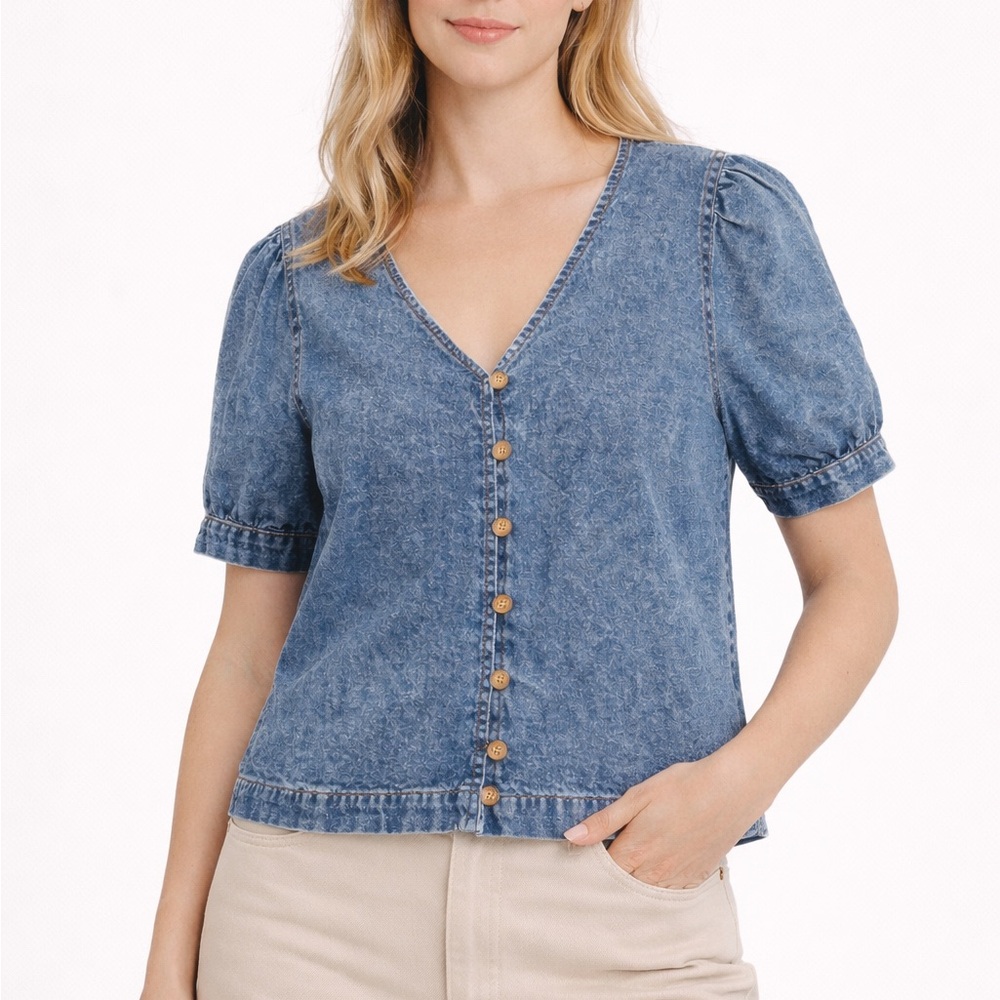 Jane + Delancey Denim Top Women’s Small Blue V-Neck Button Puff Sleeve Blouse - Picture 4 of 4